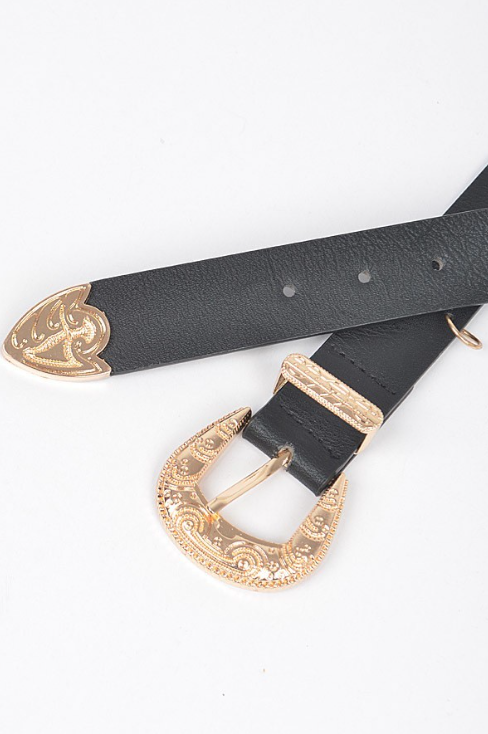 Women's Plus Size Wild Chain Double Buckle Belt - Black/Gold - Curvy Sense