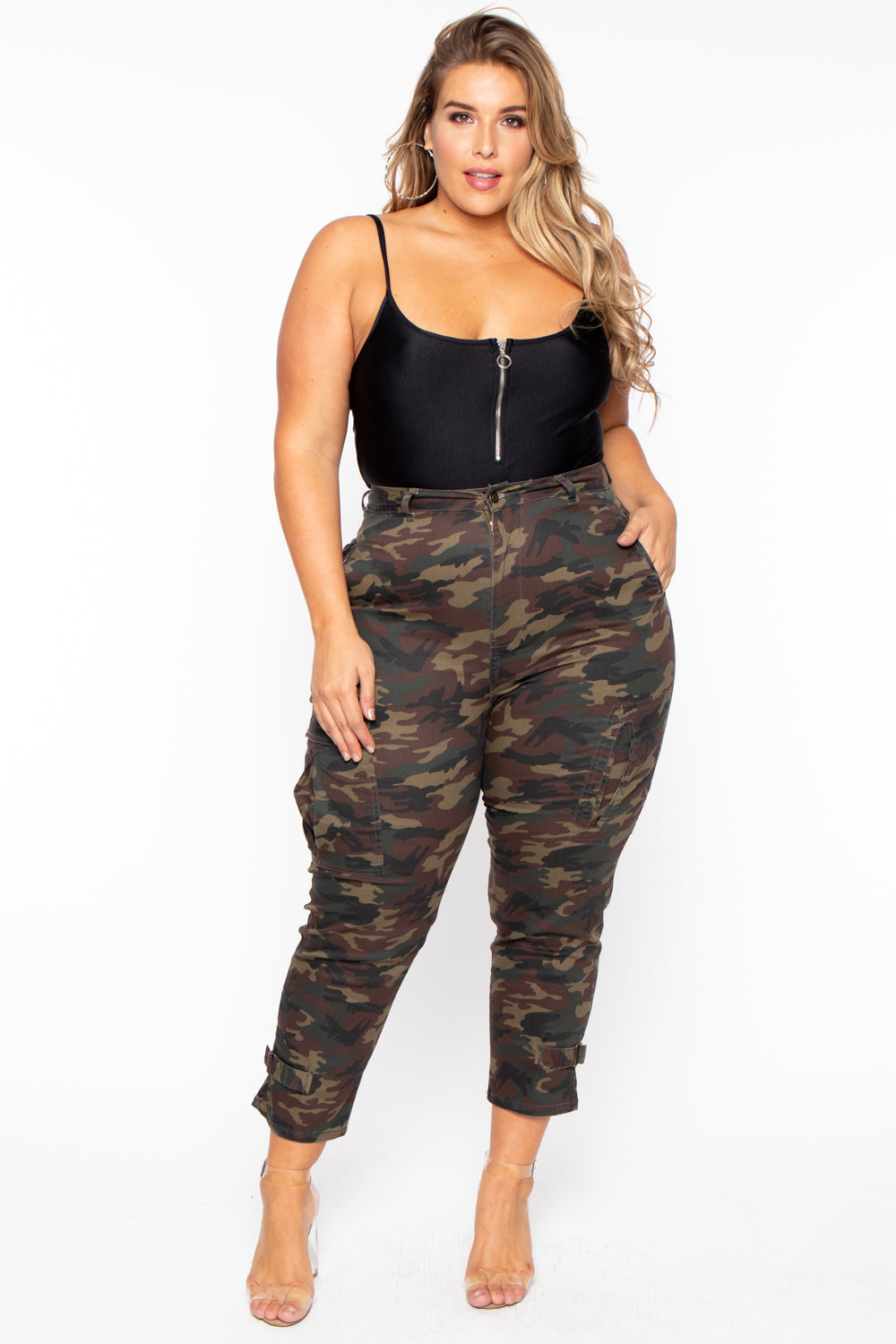 Plus Size Camo Cargo Pants - Olive - Curvy Sense