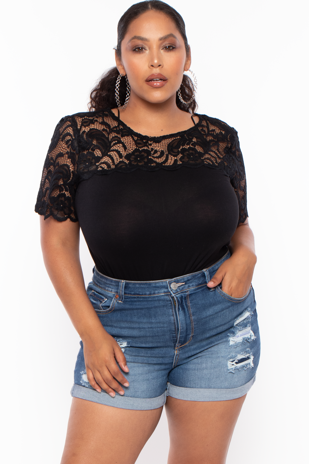 Plus Size Distressed Jean Shorts - Medium Wash - Curvy Sense