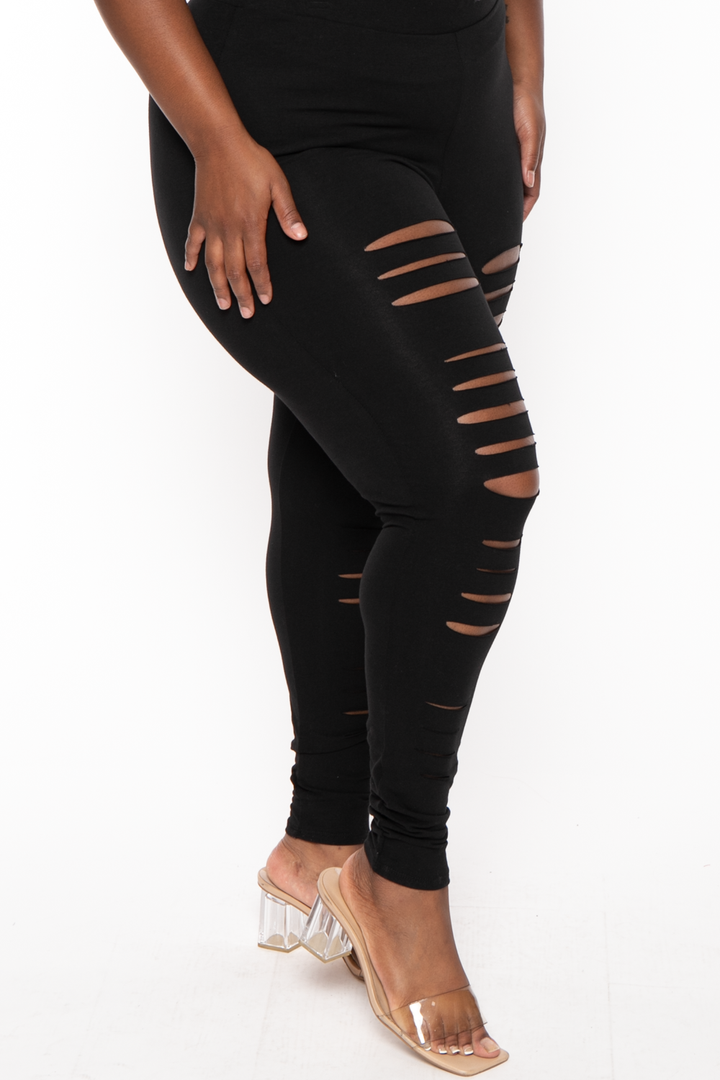 Curvy Sense Bottoms 1X / Black Plus Size Distressed Leggings - Black