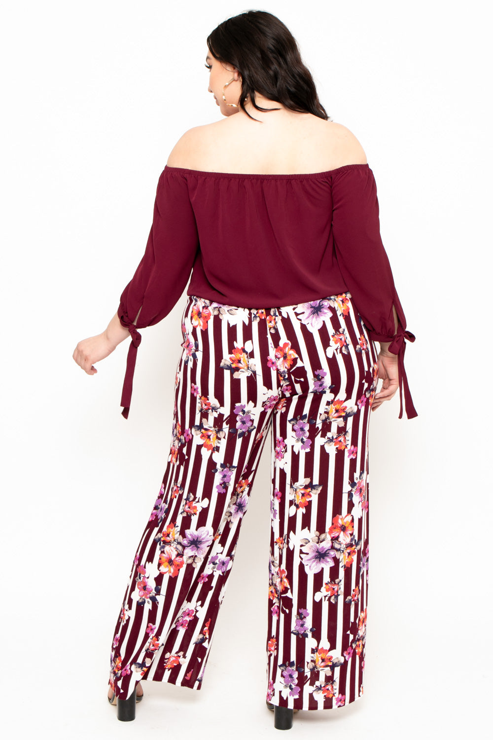Plus Size Floral Print Wide-Leg Pants - Burgundy - Curvy Sense
