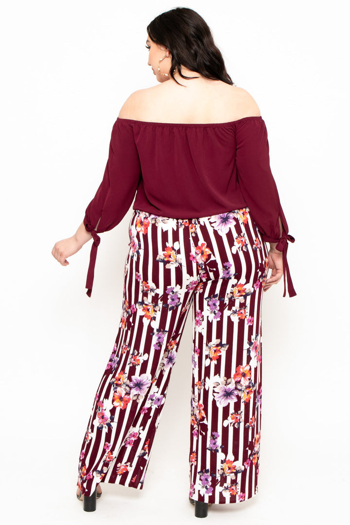 Plus Size Floral Print Wide-Leg Pants - Burgundy - Curvy Sense