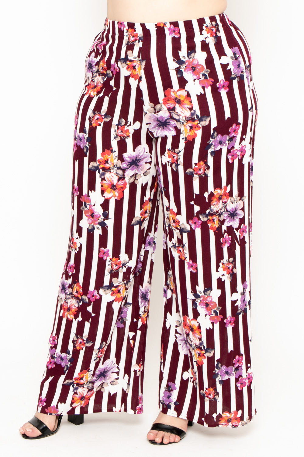 Plus Size Floral Print Wide-Leg Pants - Burgundy - Curvy Sense