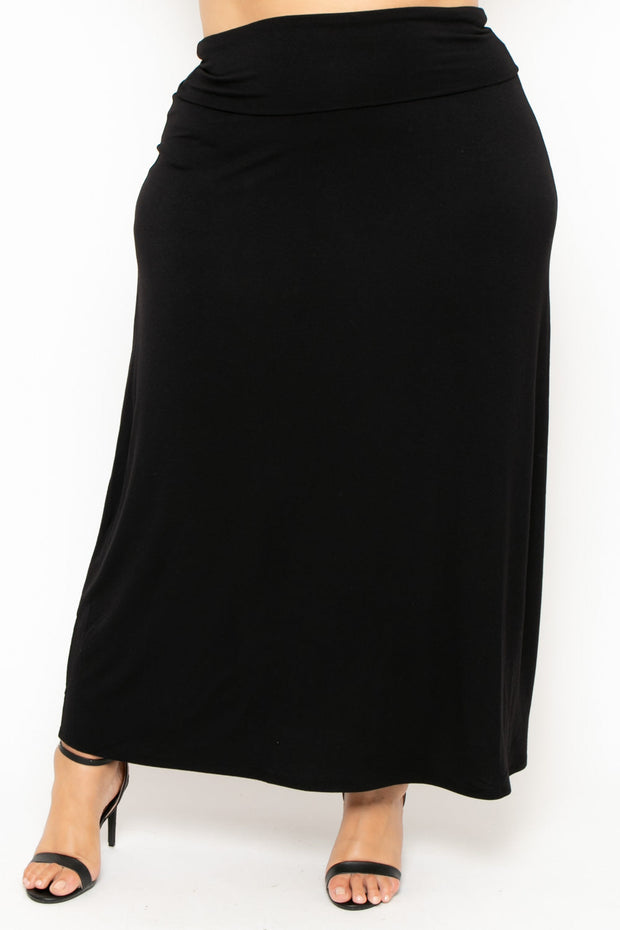 Plus Size Foldover Maxi Skirt - Black - Curvy Sense