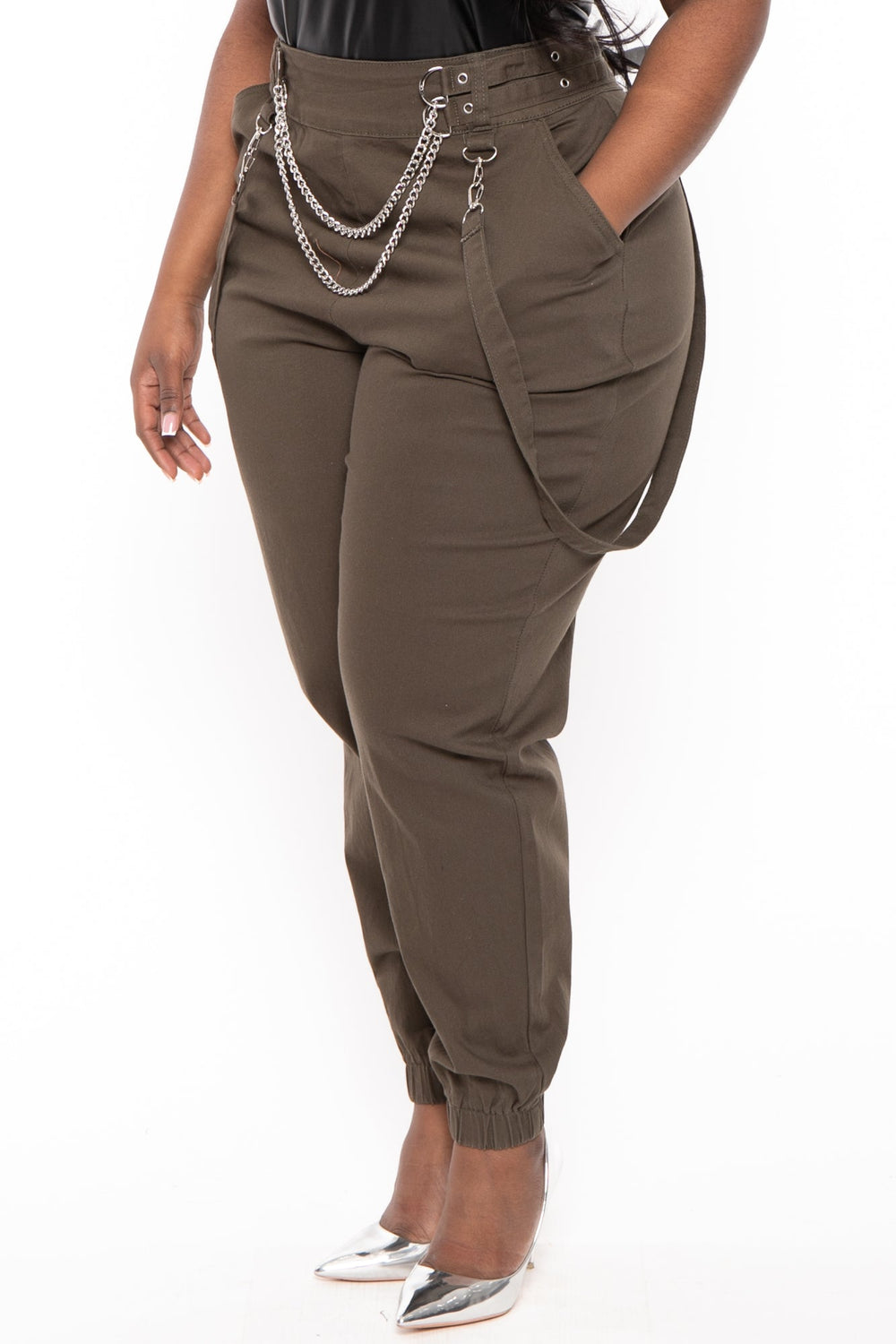 American Bazi Bottoms Plus Size High Rise Suspender Jogger - Olive