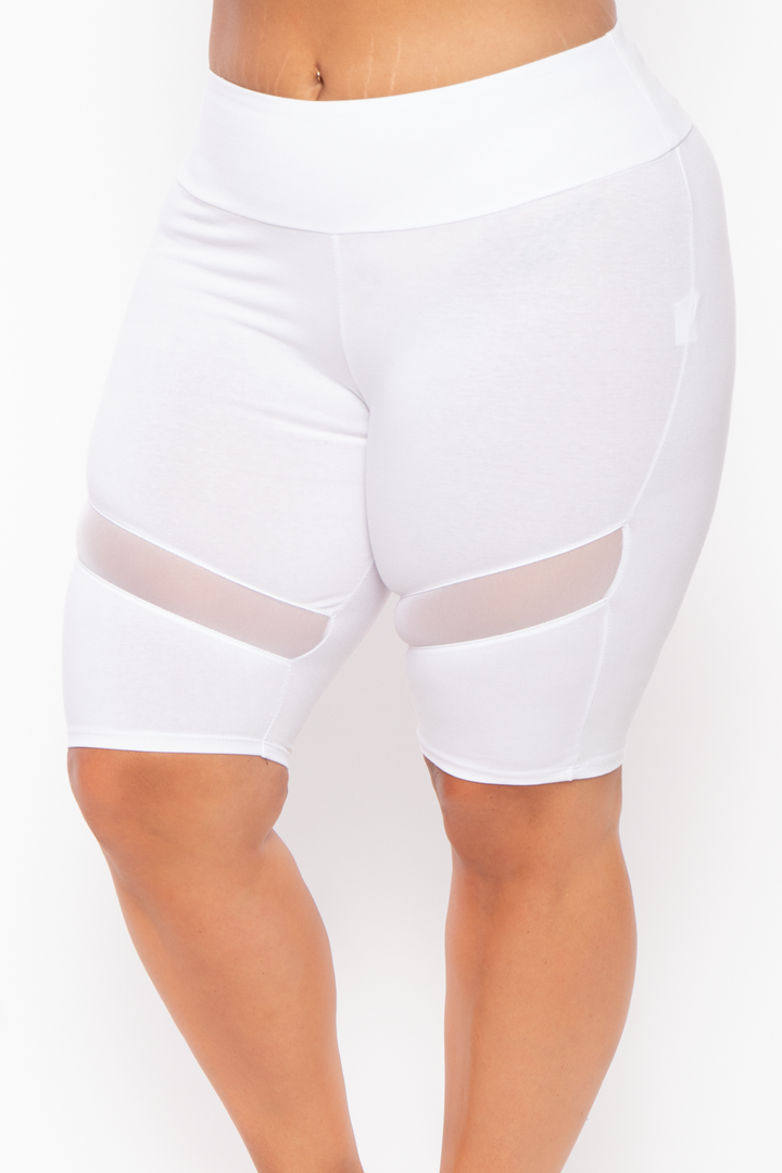 Plus Size Mesh Inset Biker Shorts - White - Curvy Sense