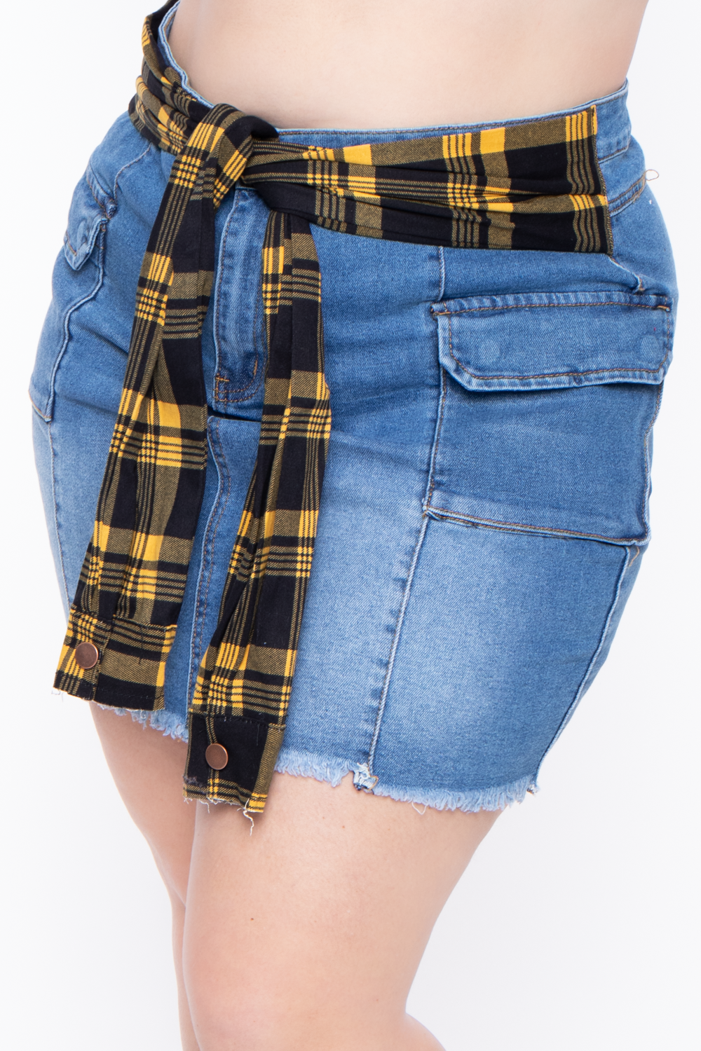 Plus Size Plaid Tie Denim Skirt - Blue - Curvy Sense