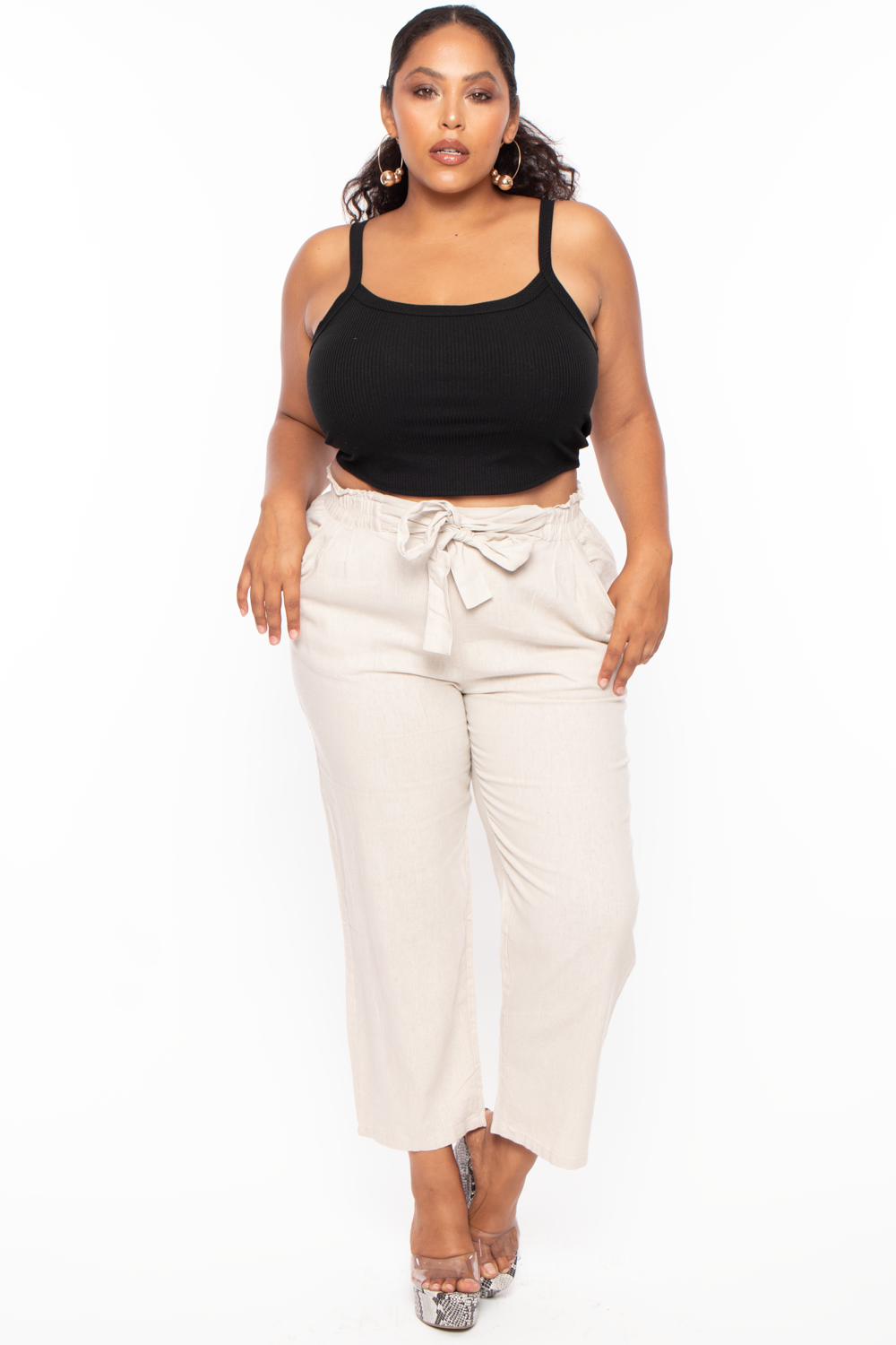 Plus Size Self Belted Linen Pants - Khaki - Curvy Sense