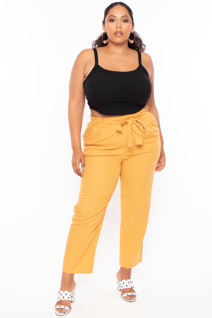 Plus Size Self Belted Linen Pants - Mustard - Curvy Sense