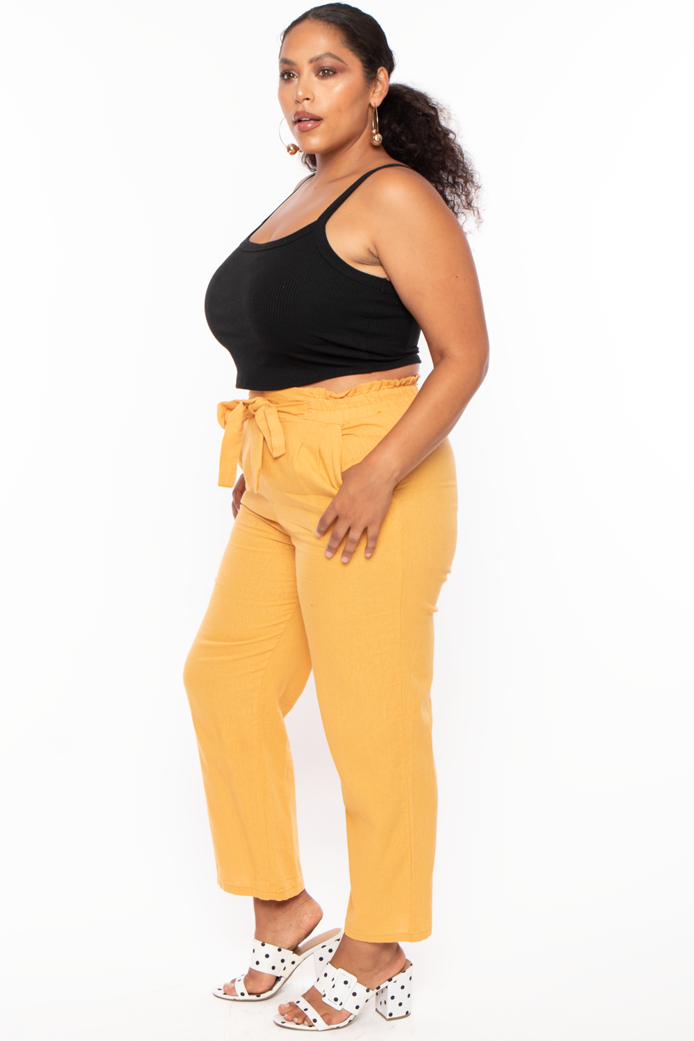 Plus Size Self Belted Linen Pants - Mustard - Curvy Sense