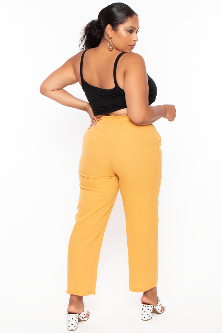 Plus Size Self Belted Linen Pants - Mustard - Curvy Sense