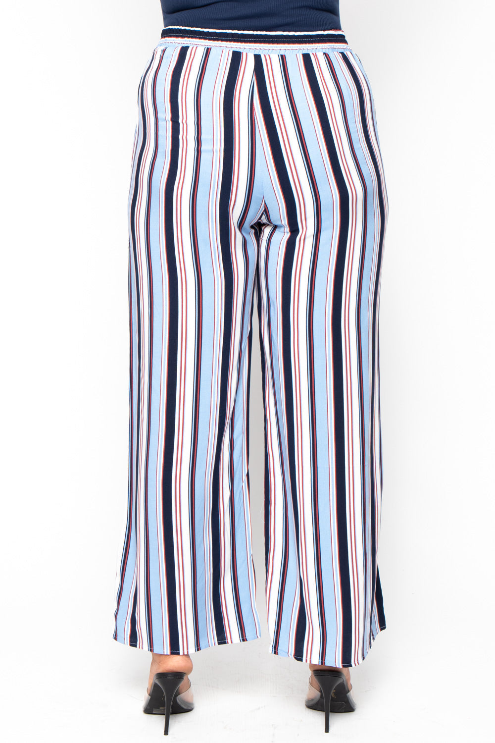 Plus Size Striped Belted Pants - Blue - Curvy Sense