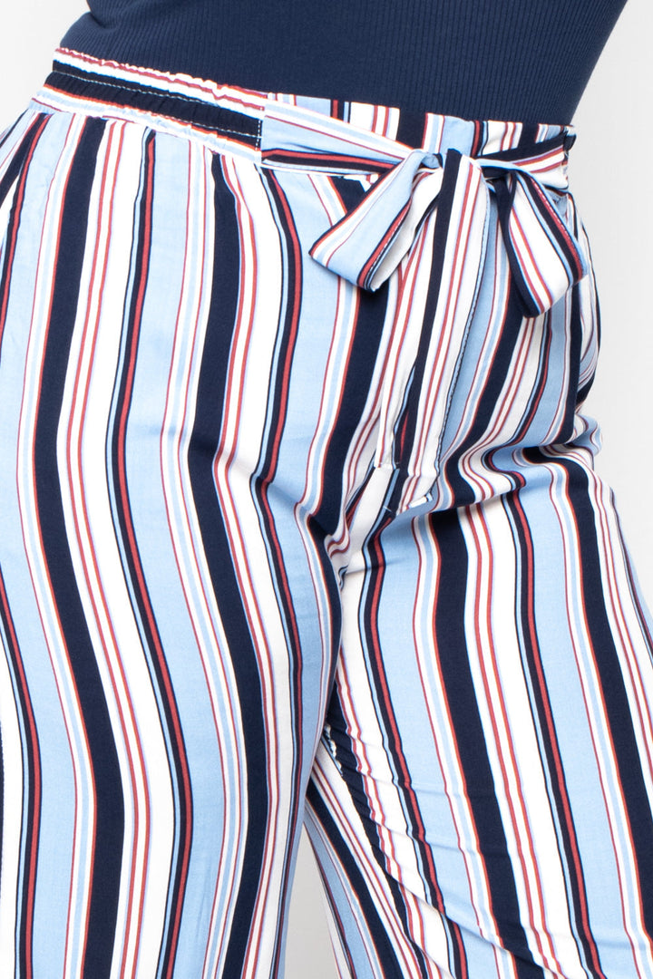 Plus Size Striped Belted Pants - Blue - Curvy Sense