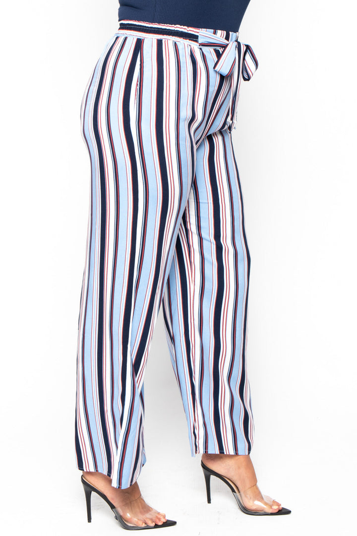 Plus Size Striped Belted Pants - Blue - Curvy Sense