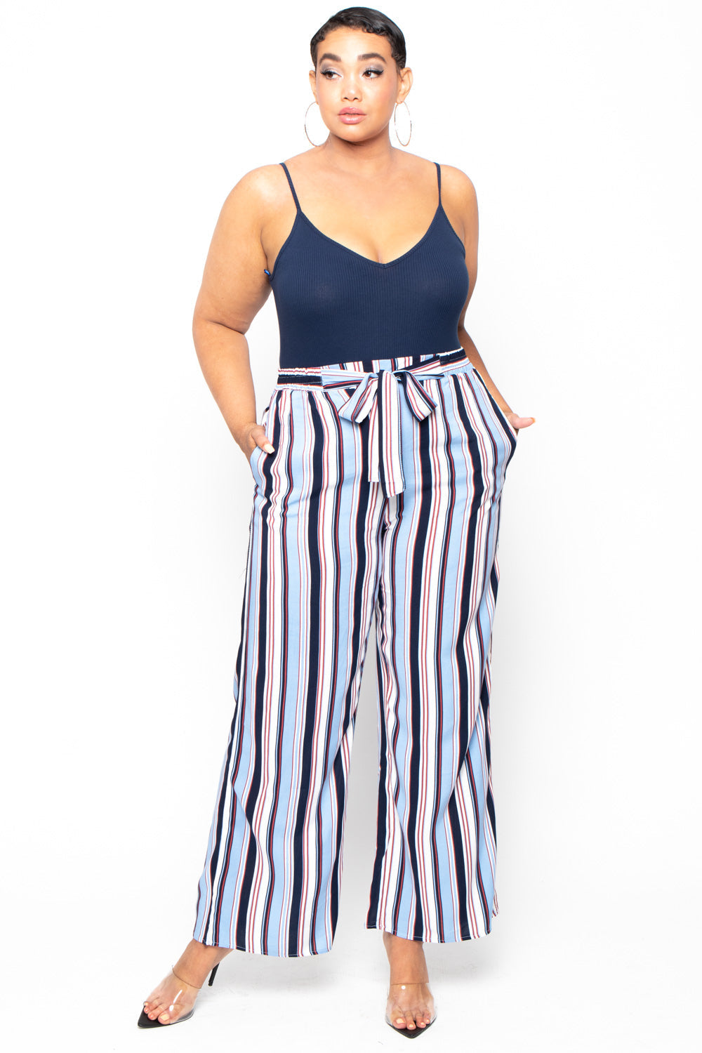 Ambiance Bottoms Plus Size Striped Belted Pants - Blue