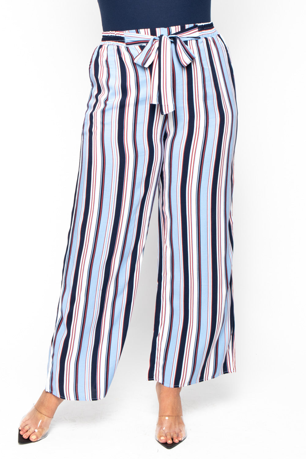 Ambiance Bottoms 1X / Blue Plus Size Striped Belted Pants - Blue