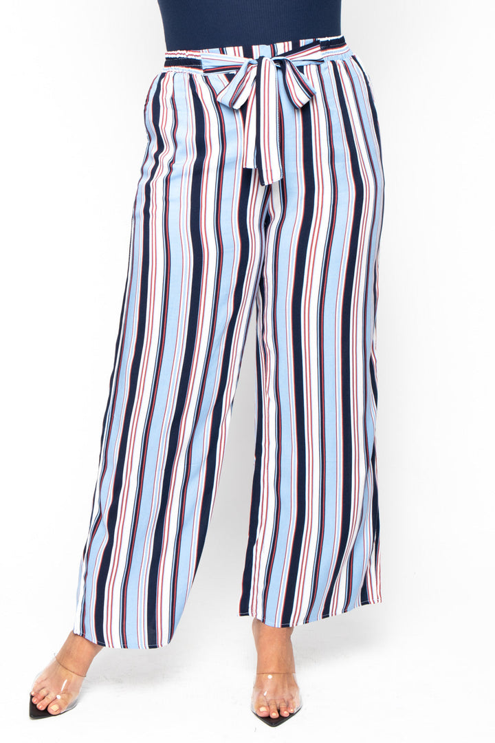 Ambiance Bottoms 1X / Blue Plus Size Striped Belted Pants - Blue