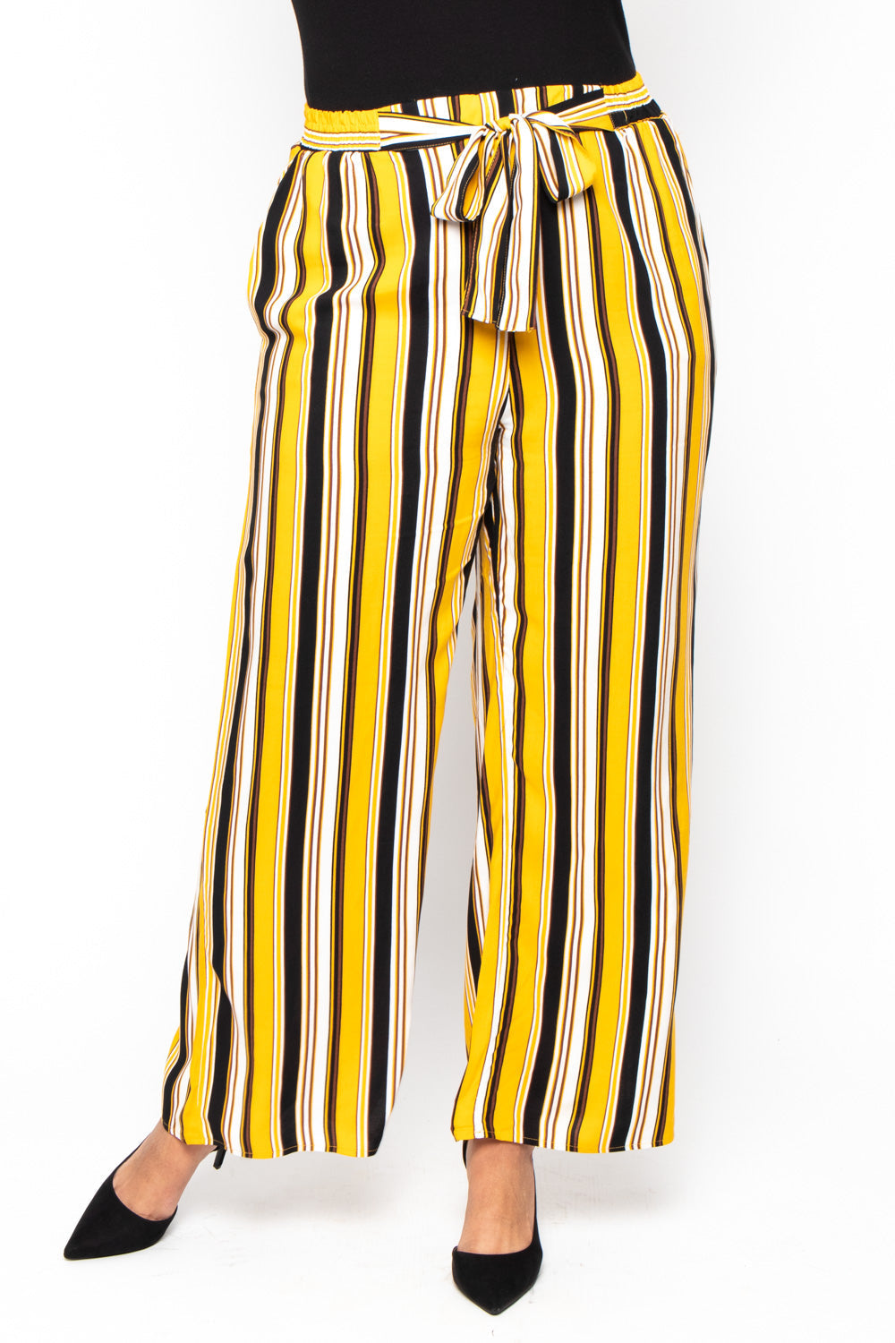 Plus Size Striped Belted Pants - Mustard - Curvy Sense