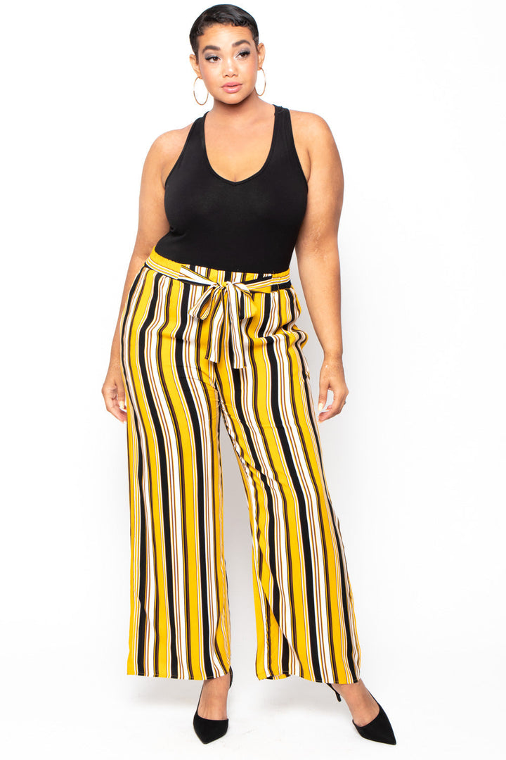 Plus Size Striped Belted Pants - Mustard - Curvy Sense