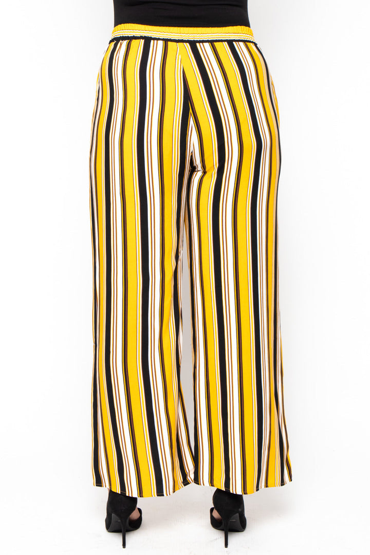Plus Size Striped Belted Pants - Mustard - Curvy Sense