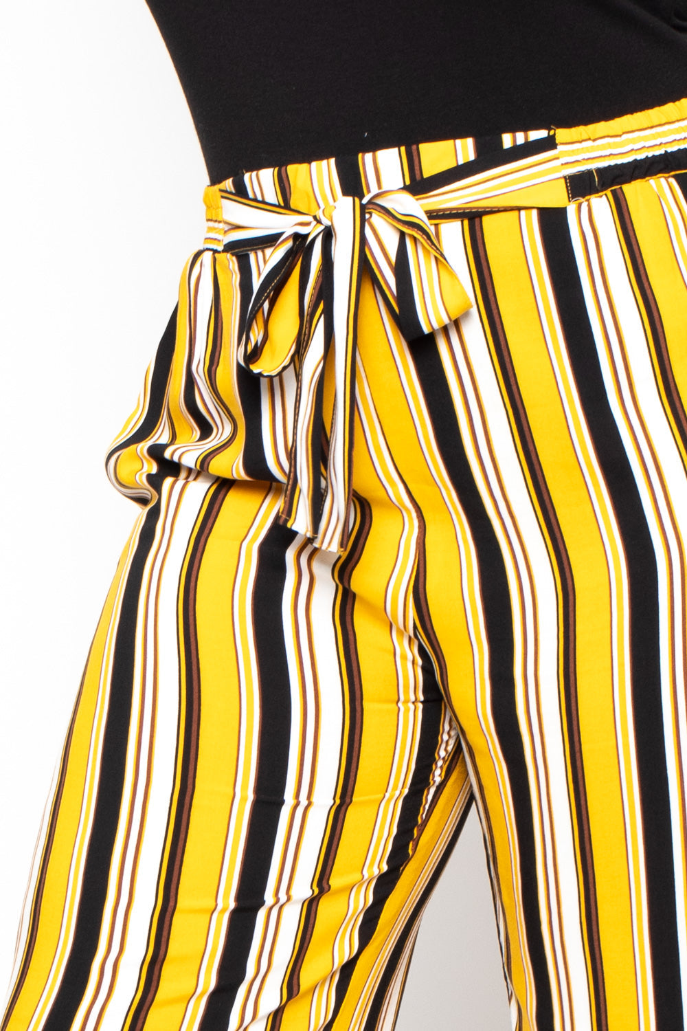 Plus Size Striped Belted Pants - Mustard - Curvy Sense