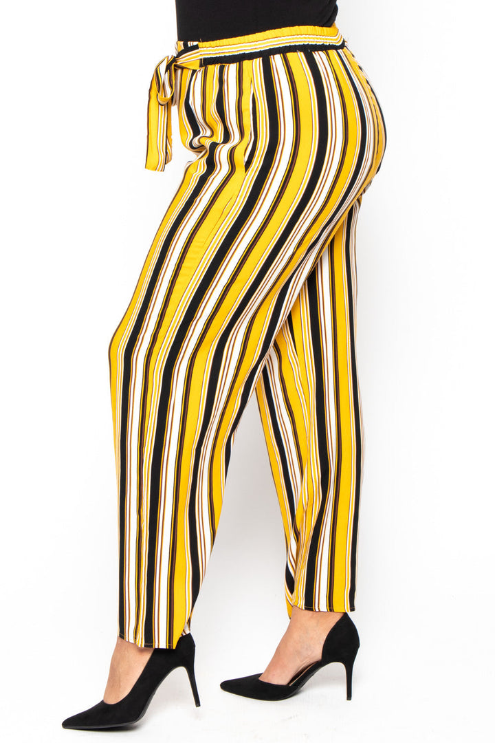 Plus Size Striped Belted Pants - Mustard - Curvy Sense