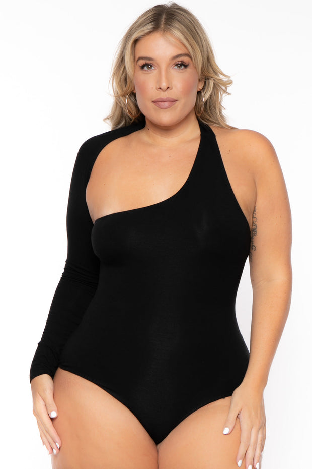 Curvy Sense Bralettes And Bodysuits 1X / Black Plus Size Asymmetric Wrap Around Bodysuit - Black