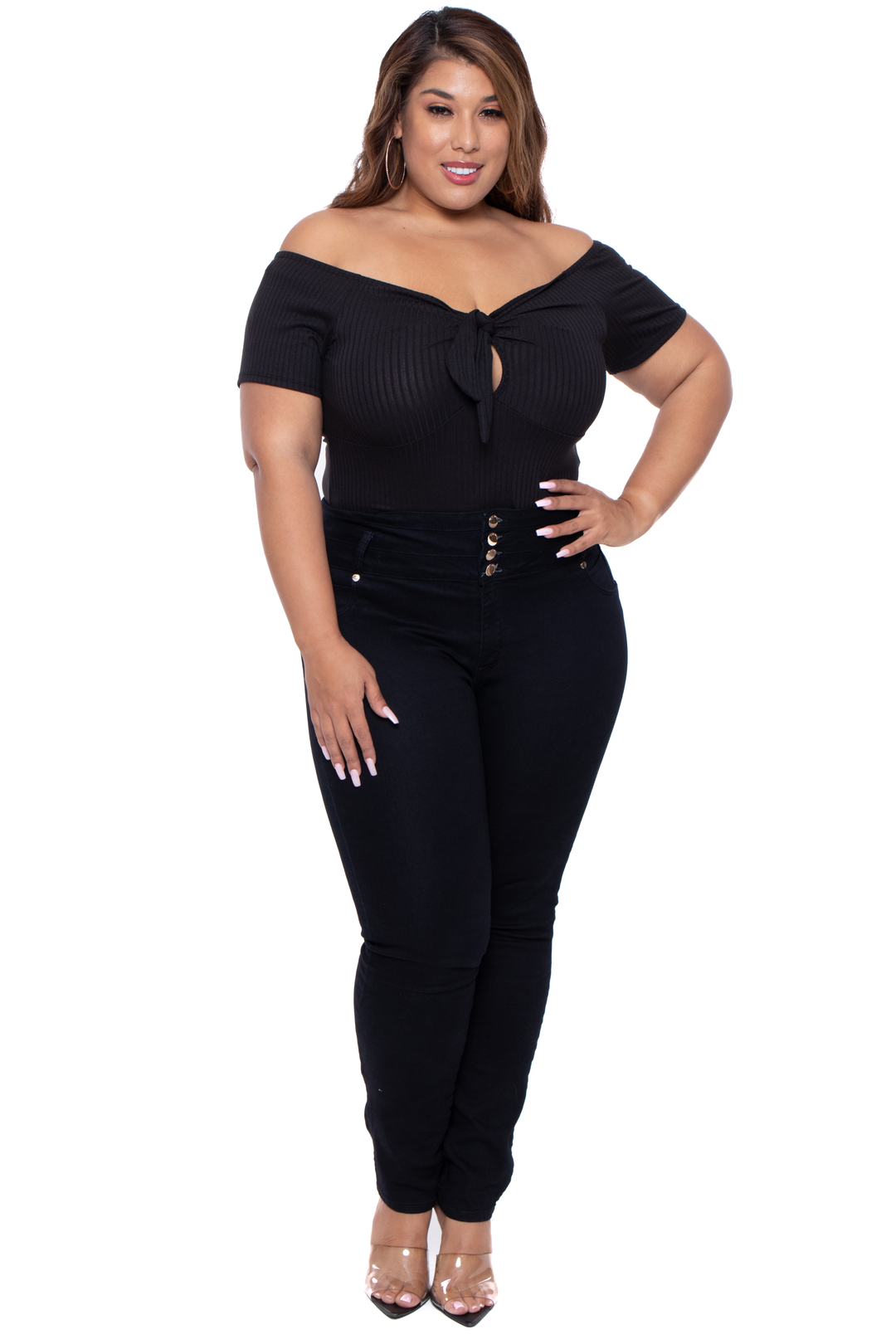 Plus Size Tie Front Ribbed Bodysuit - Black - Curvy Sense