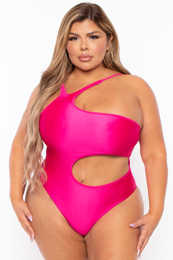 Plus Size Sam Asymmetric Cut-Out Bodysuit - Fuchsia - Curvy Sense