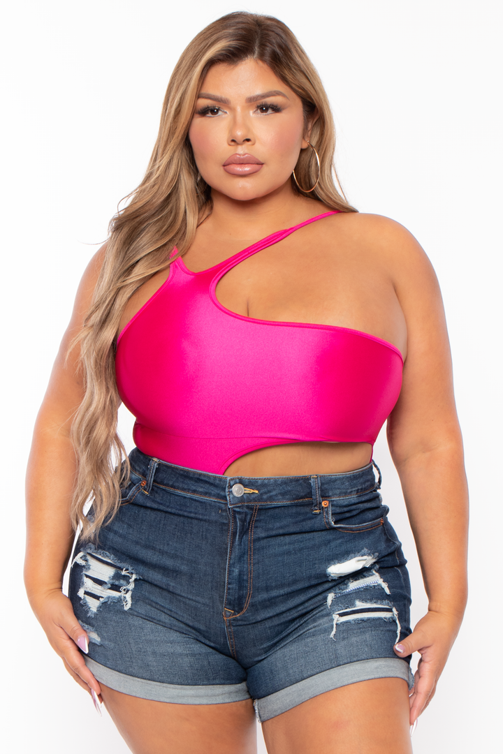 Plus Size Sam Asymmetric Cut-Out Bodysuit - Fuchsia - Curvy Sense