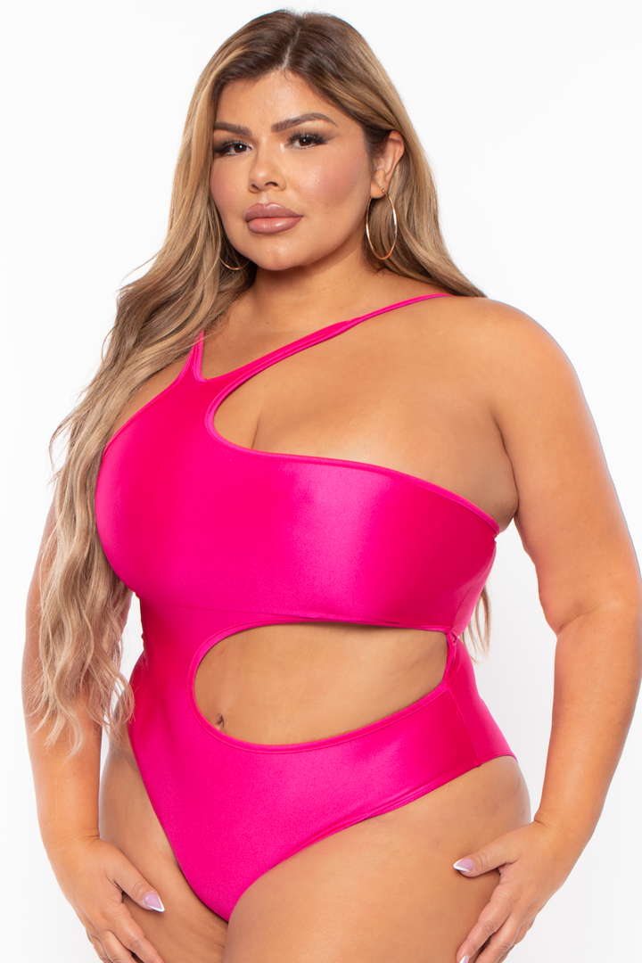 Plus Size Sam Asymmetric Cut-Out Bodysuit - Fuchsia - Curvy Sense