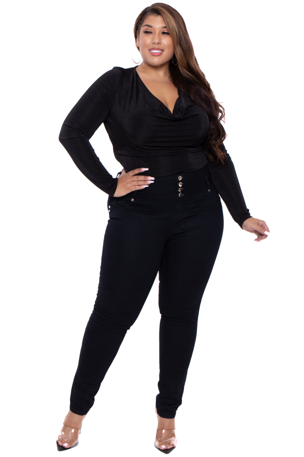 Curvy Sense Bralettes And Bodysuits Plus Size Sharon Cowl Neck Knit Bodysuit - Black