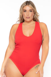 Ambiance Bralettes And Bodysuits 1X / Red Plus Size V-Neck Bodysuit - Red