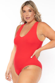 Ambiance Bralettes And Bodysuits Plus Size V-Neck Bodysuit - Red