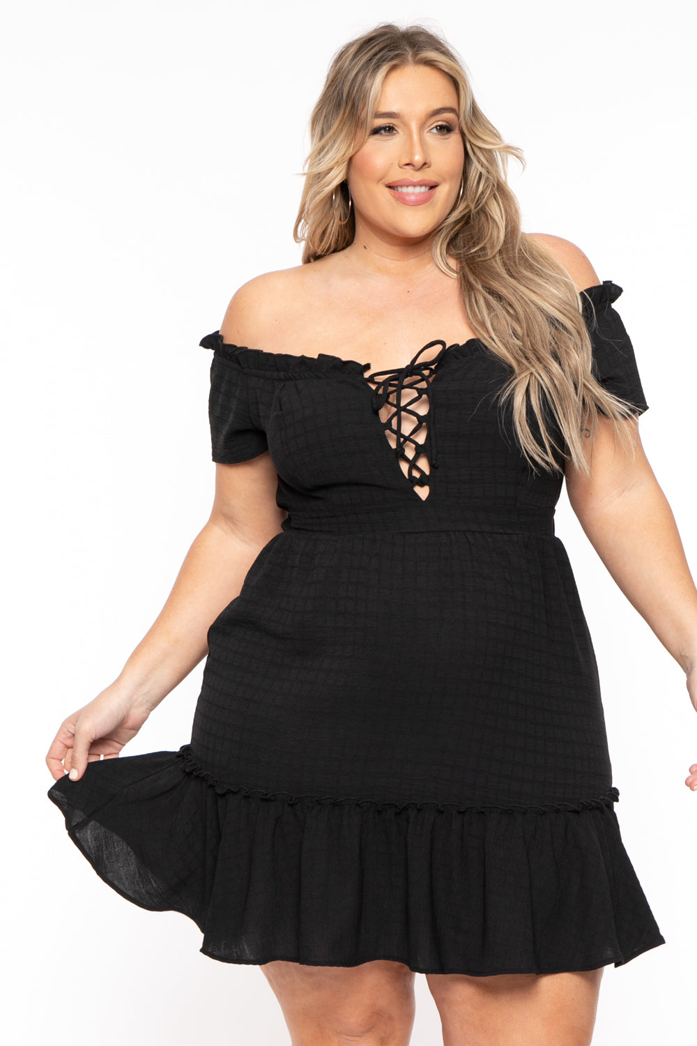 Curvy Sense Dresses Plus Size Adella Lace Up Ruffle Dress- Black
