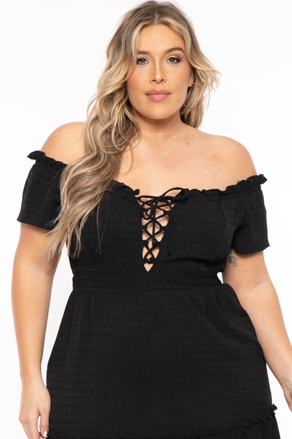 Curvy Sense Dresses Plus Size Adella Lace Up Ruffle Dress- Black