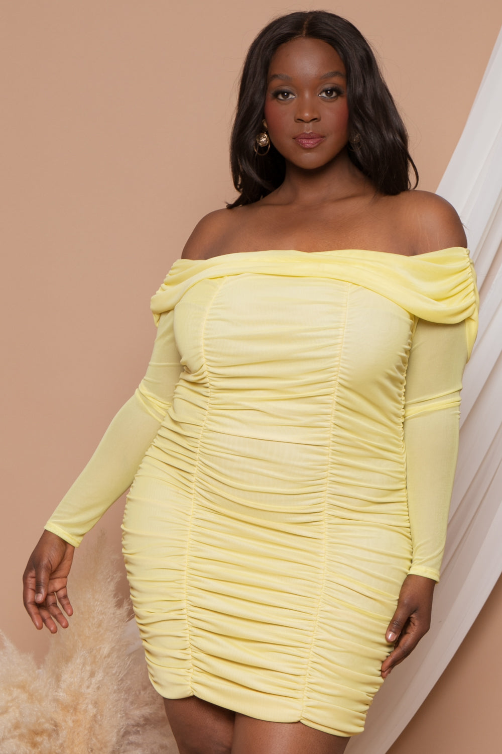 Curvy Sense Dresses 1X / Yellow Plus Size Adriana Ruched Bodycon Dress - Yellow