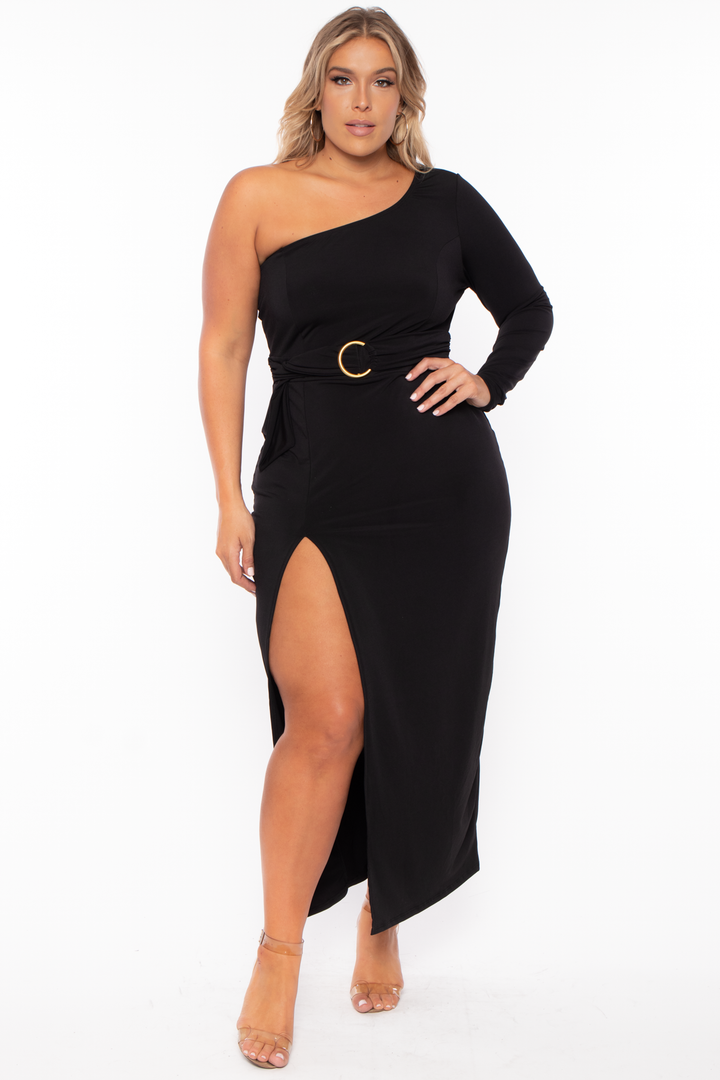 Plus Size Shayla Belted Dress - Black - Curvy Sense