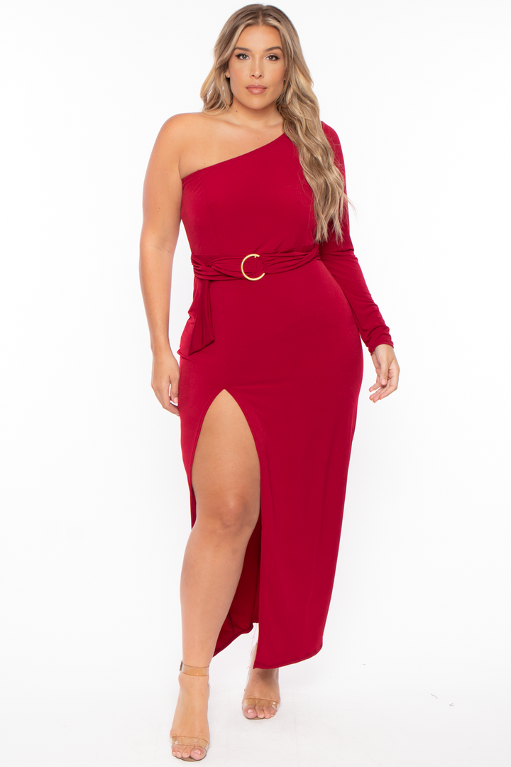Plus Size Shayla Belted Dress - Burgundy - Curvy Sense