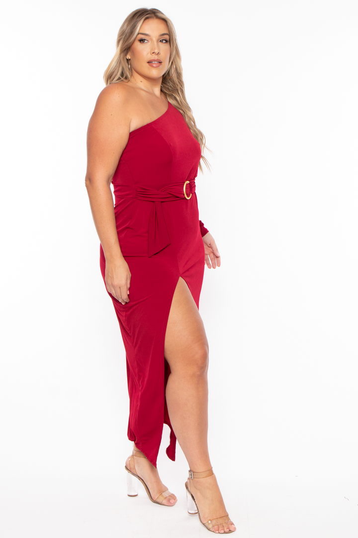 Plus Size Shayla Belted Dress - Burgundy - Curvy Sense