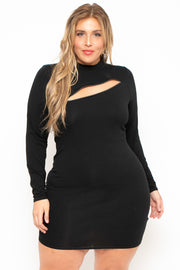 Plus Size Alita Mock Neck Zipper Dress - Black - Curvy Sense