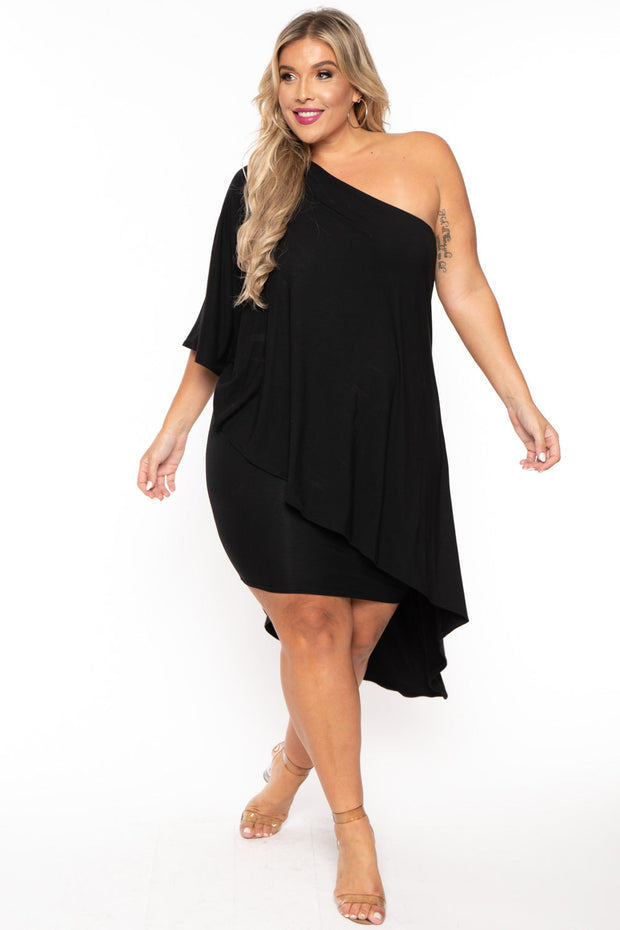 Plus Size Asymmetric Draped Dress - Black – Curvy Sense