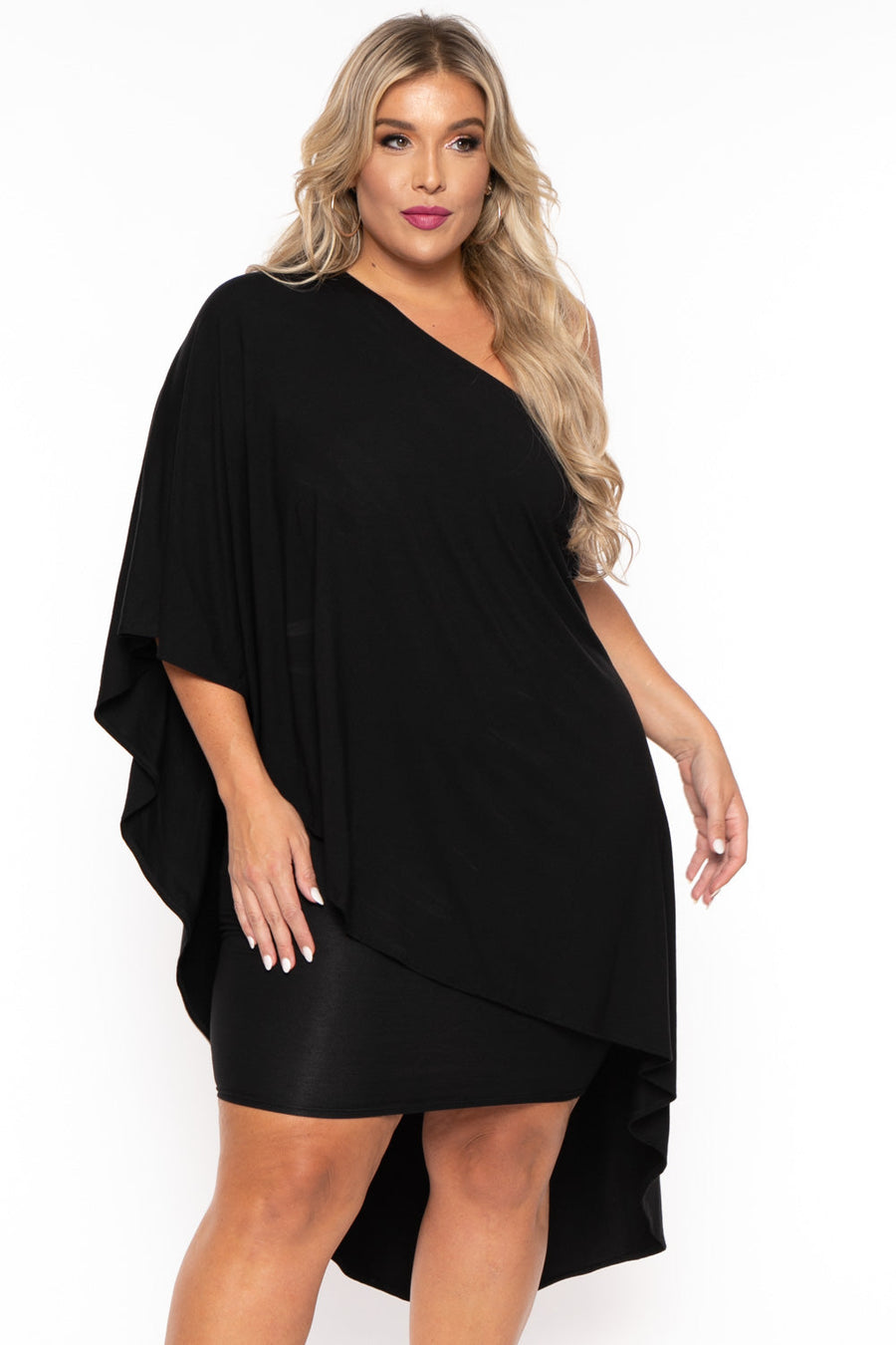 Plus Size Asymmetric Draped Dress - Black – Curvy Sense