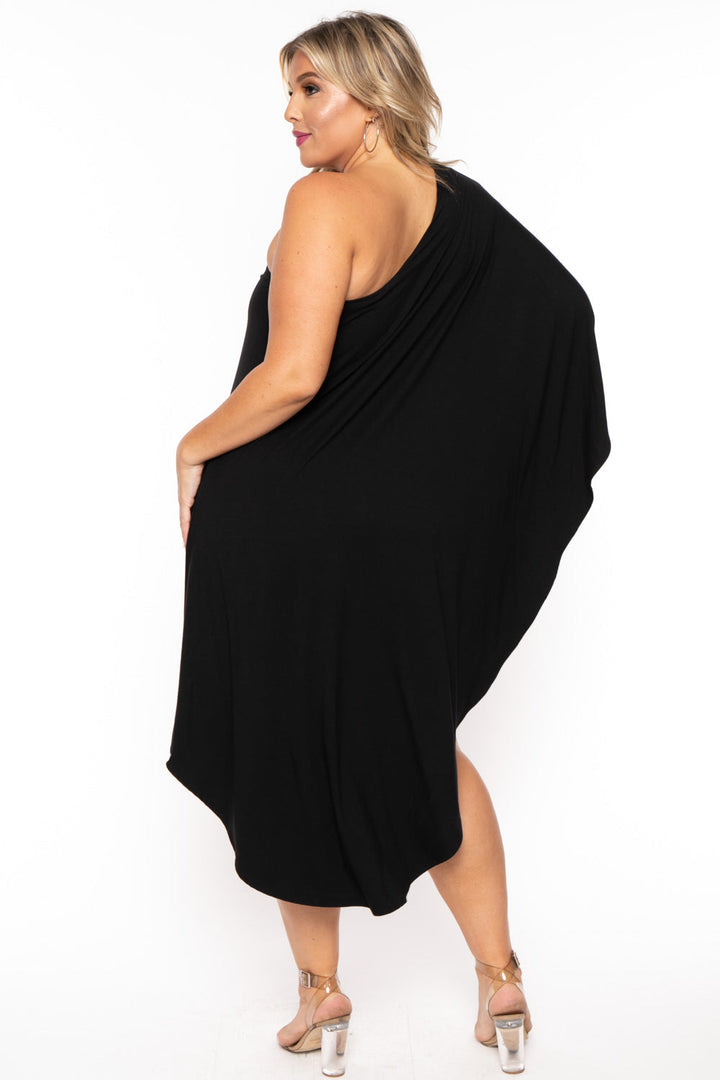 Curvy Sense Dresses Plus Size Asymmetric Draped Dress - Black