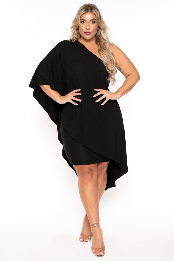 Curvy Sense Dresses 1X / Black Plus Size Asymmetric Draped Dress - Black