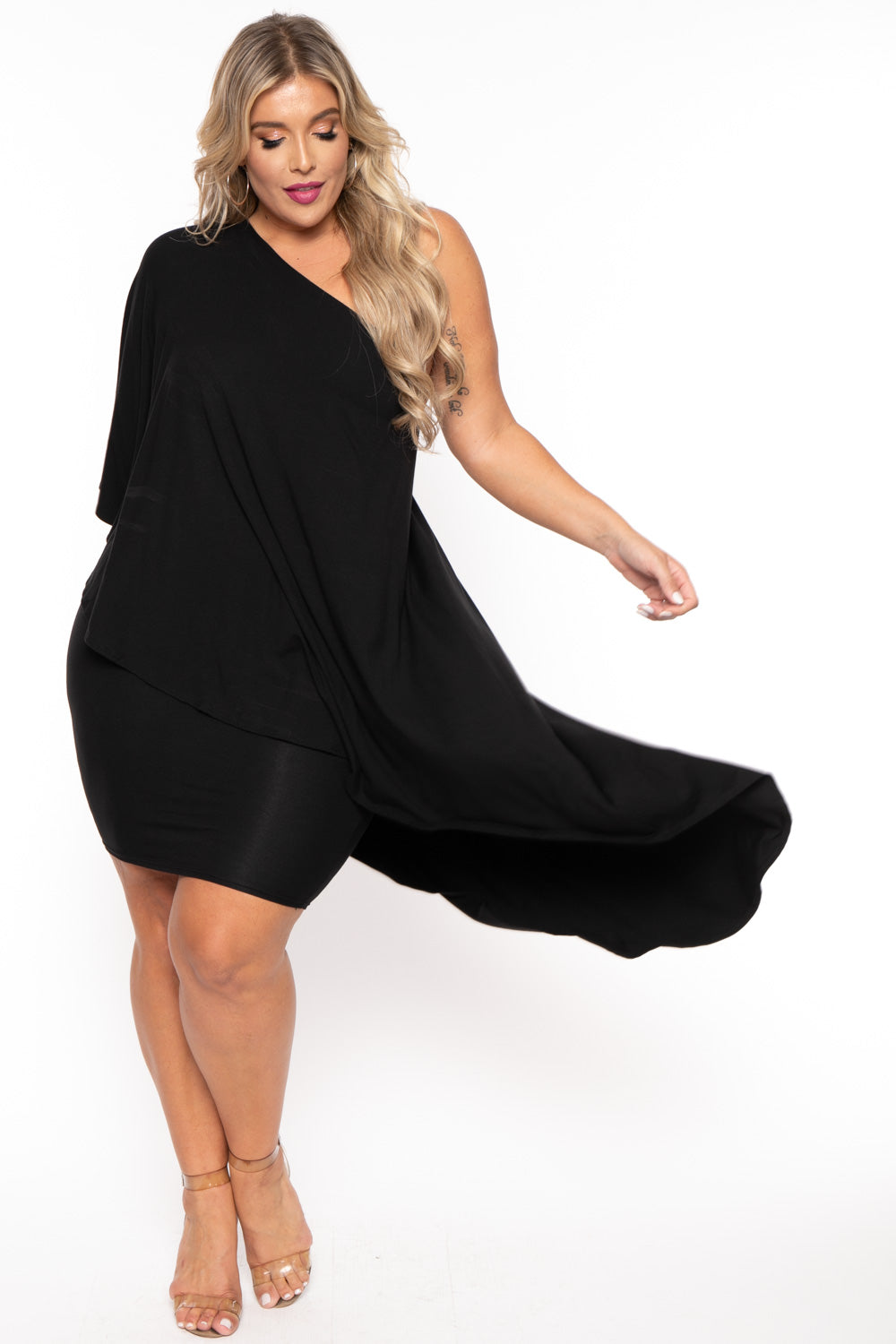 Women's Plus Size Asymmetric Draped Dress - Black - Curvy Sense