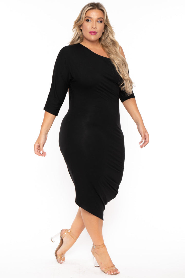 Curvy Sense Dresses Plus Size Asymmetric Knit Dress - Black