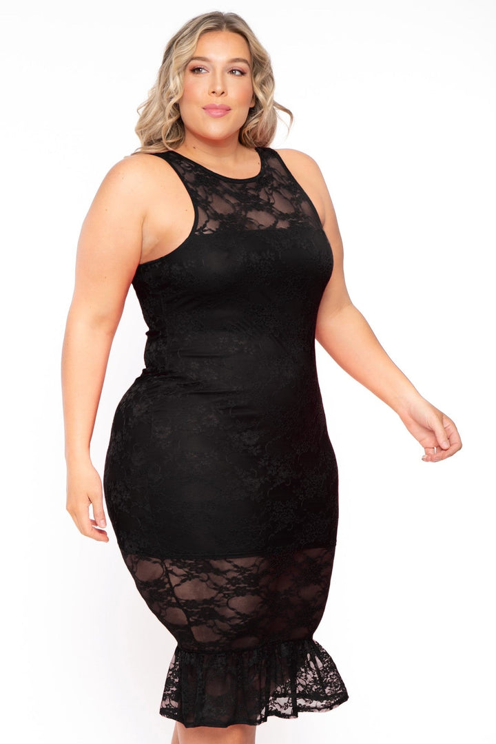 Curvy Sense Dresses Plus Size Berenice Midi Lace Dress - Black