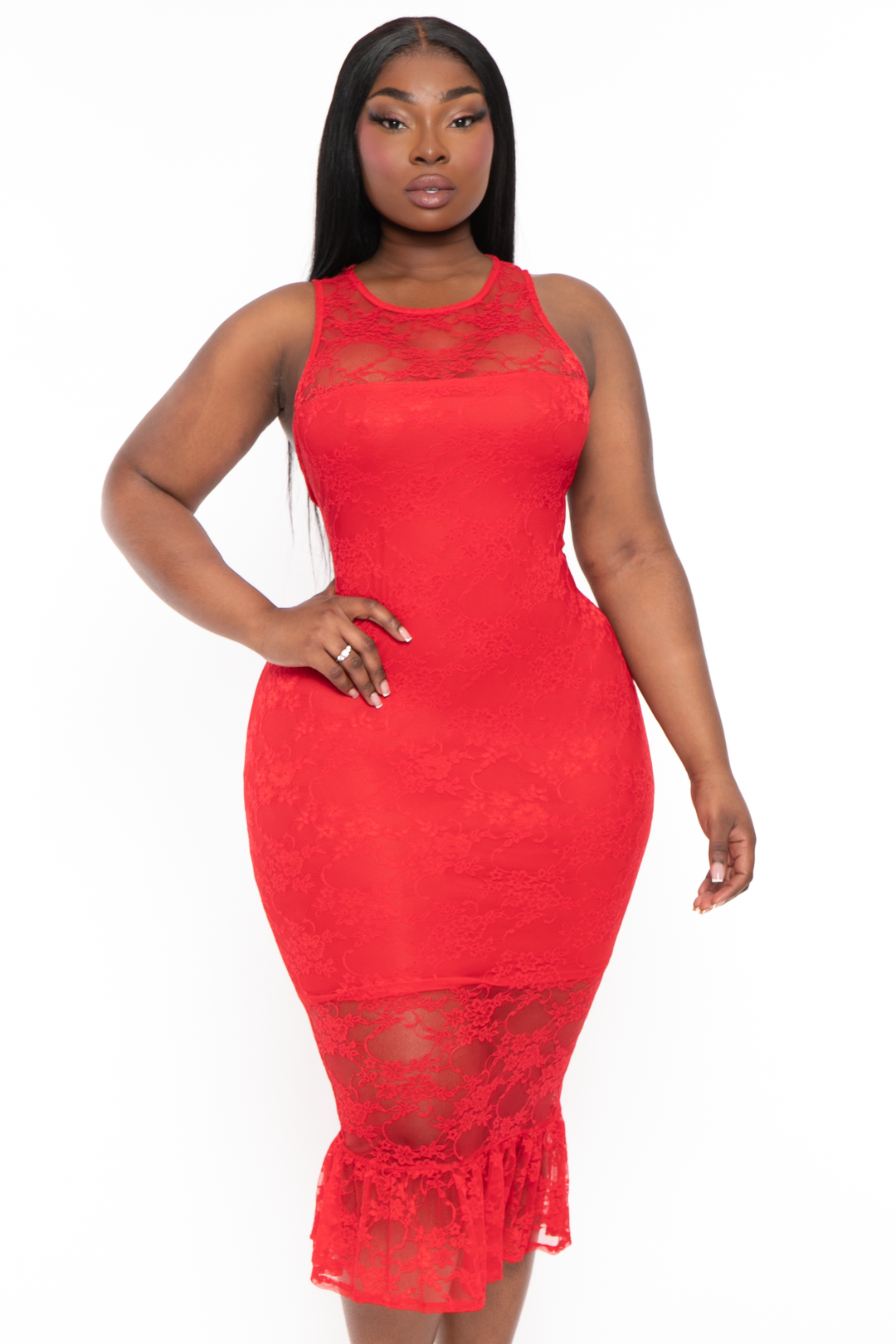 Curvy Sense Dresses Plus Size Berenice Midi Lace Dress - Red