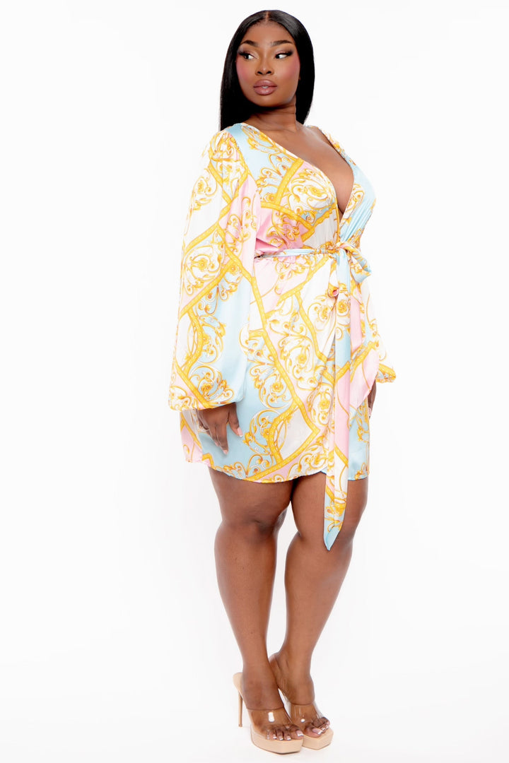 Curvy Sense Dresses Plus Size Brisa Printed Tulip Hem Dress - Ivory